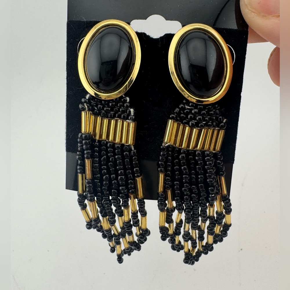 Elegant Black and Gold Beaded Dangle‎ Earrings